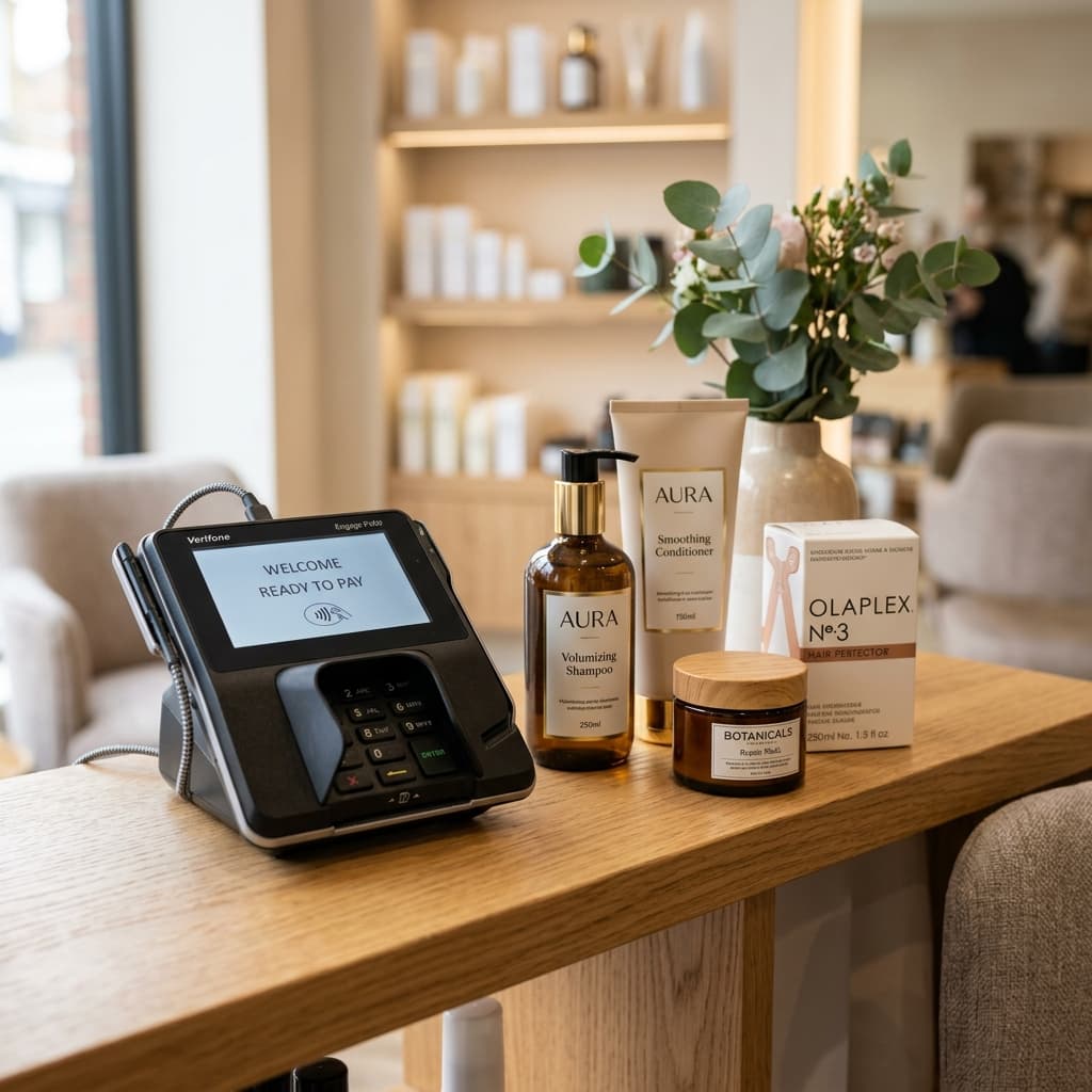 Kartenterminal neben Pflegeprodukten im Salon