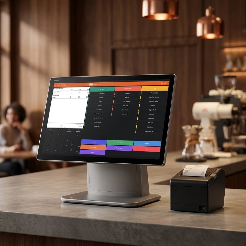 DISH POS Kassensystem auf Restaurant-Tresen mit Bondrucker und Bezahlterminal