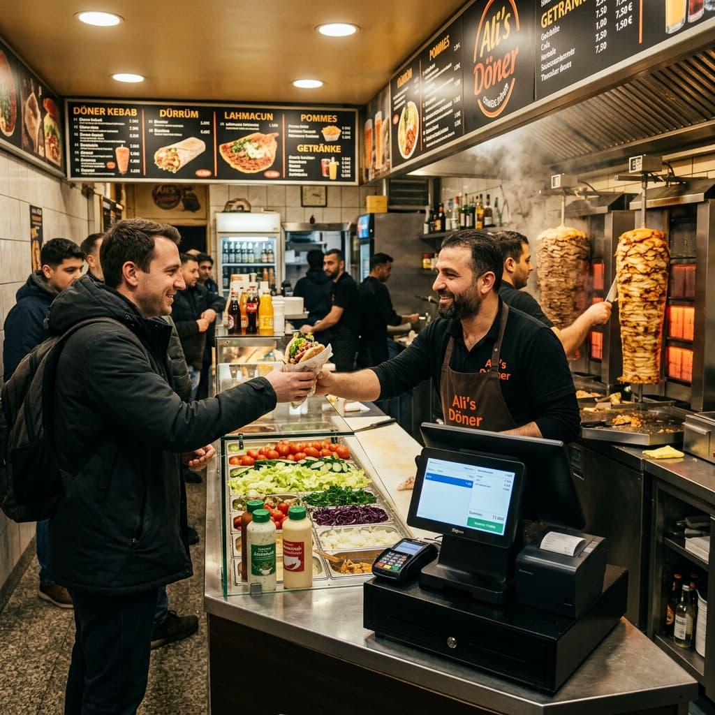 Geschäftiger Döner-Imbiss mit Kassensystem auf dem Tresen