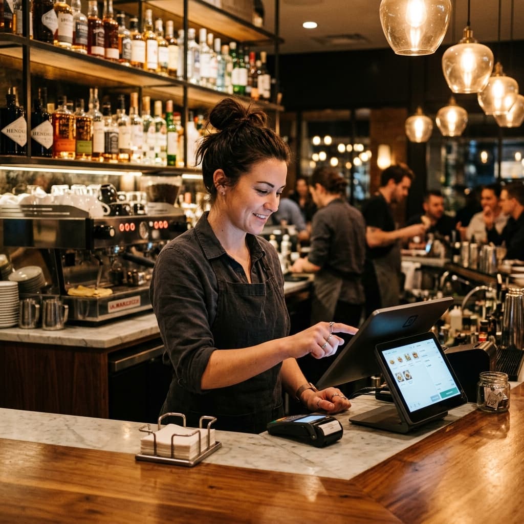 Barkeeperin bedient Touchscreen-Kassensystem am Tresen einer Bar