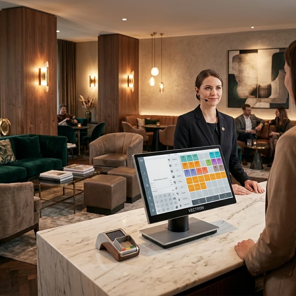 Schnittstellenfähiges Vectron POS 8 Kassensystem an einer Hotel-Rezeption zur Zimmerverbuchung