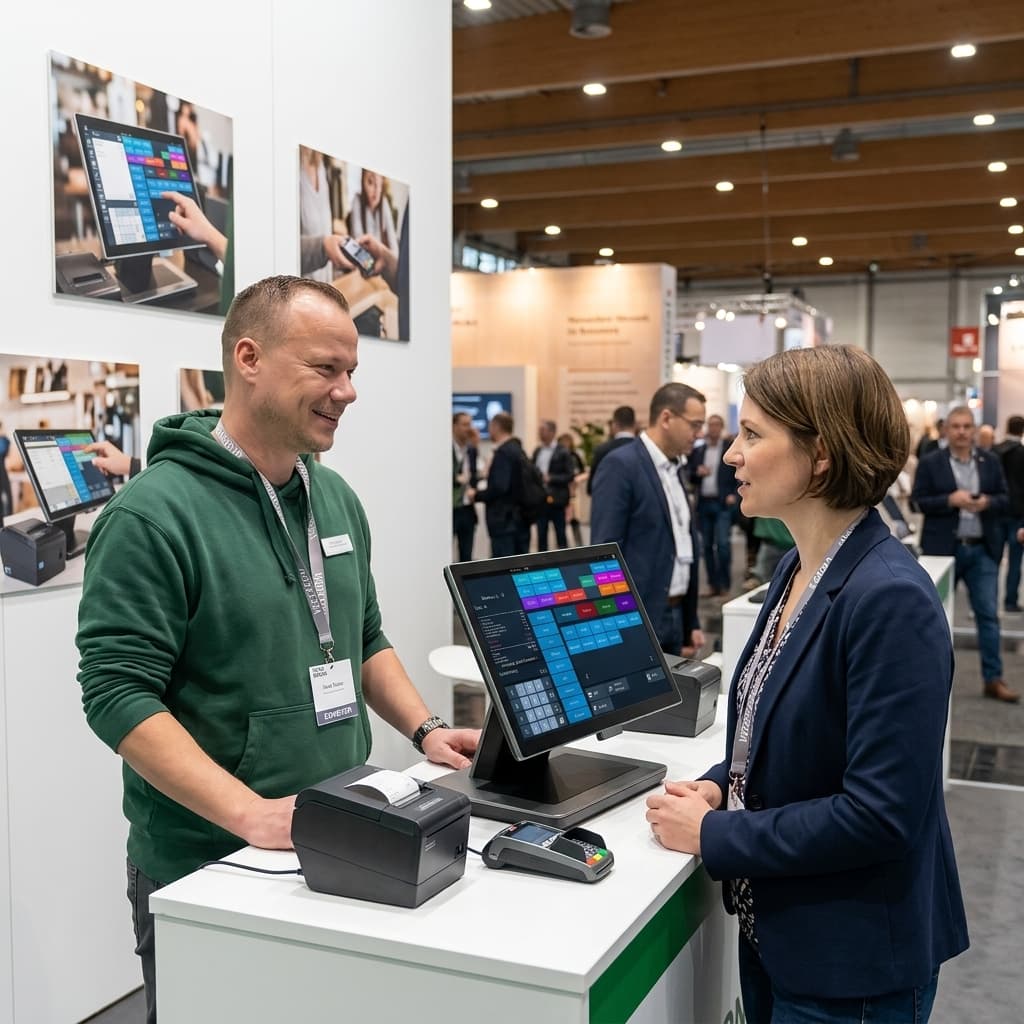 Kassenpartner Nord Mitarbeiter berät Kundin auf einer Fachmesse vor einem Vectron Kassensystem