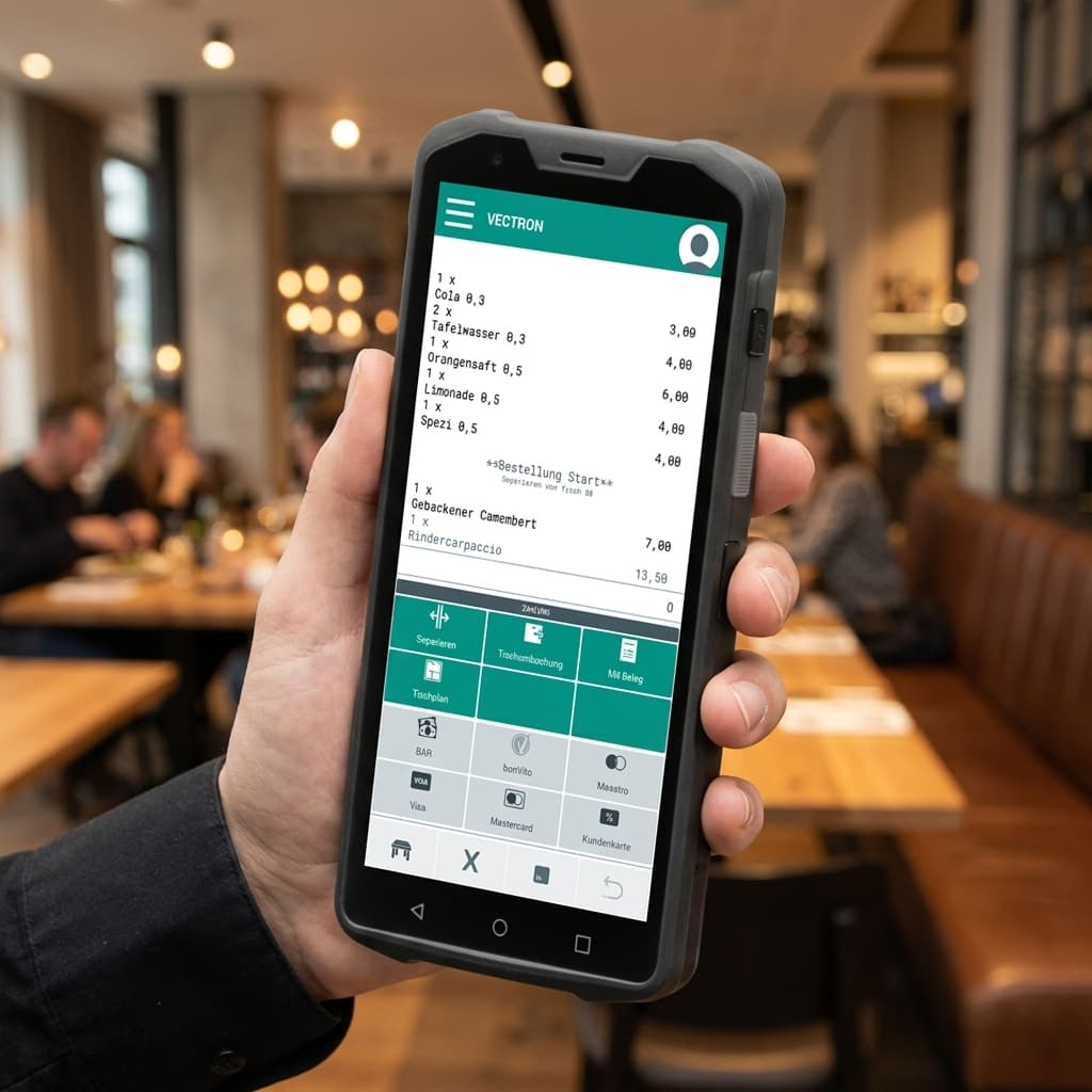 Servicekraft nimmt mit der Vectron MobileApp auf einem Handheld eine Bestellung am Tisch auf