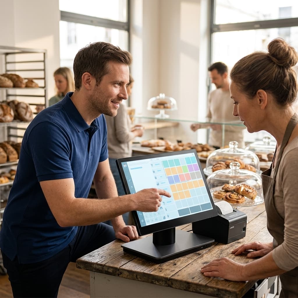 Kassenpartner Nord Servicetechniker berät Kundin im Cafe vor einer Touch-Kasse