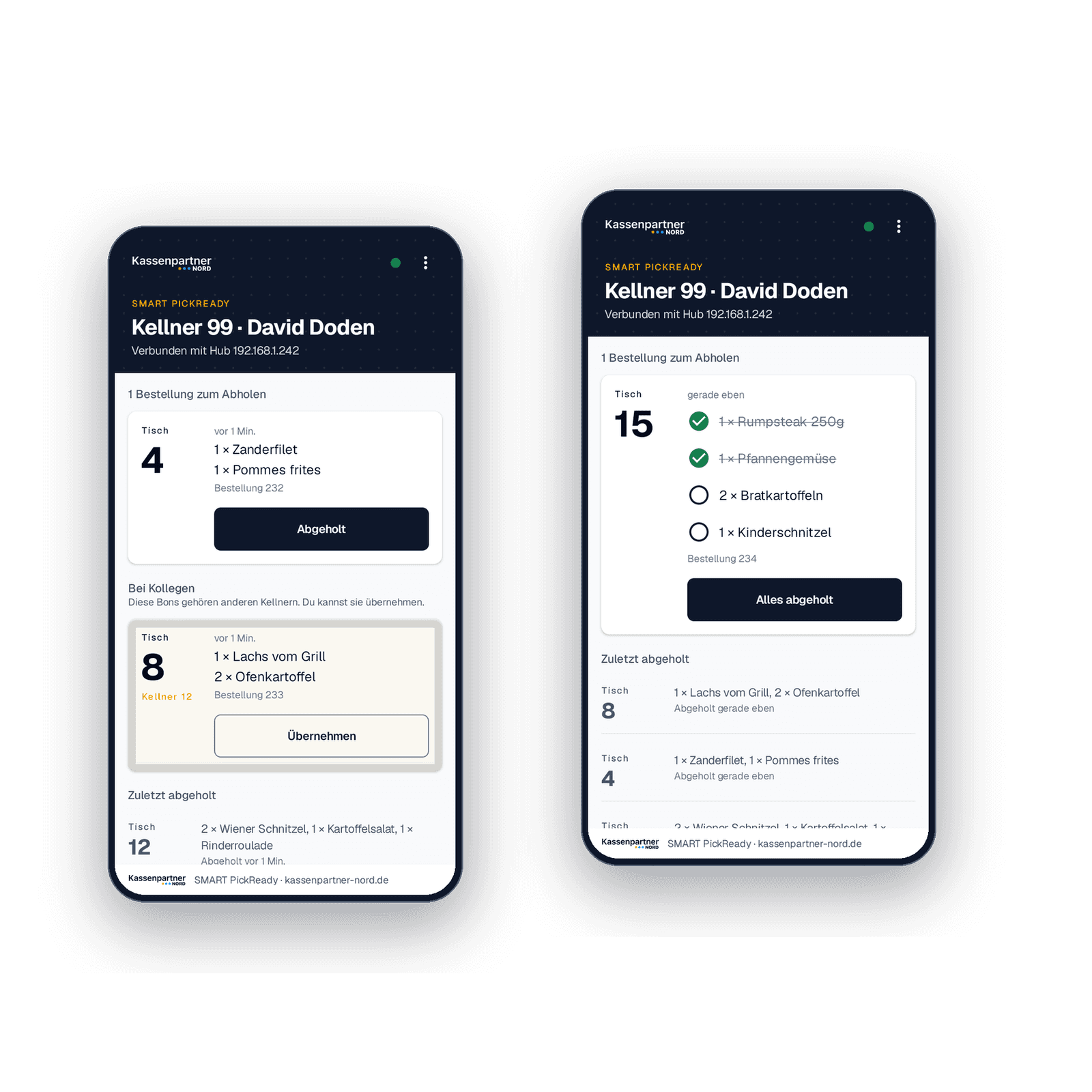SMART PickReady App auf zwei Handhelds: fertige Bons für Tisch 4, Tisch 8 und Tisch 15