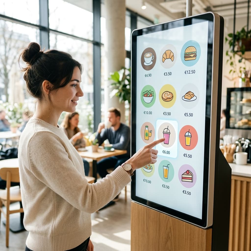 Kundin bestellt am Self-Ordering Kiosk in einem Cafe