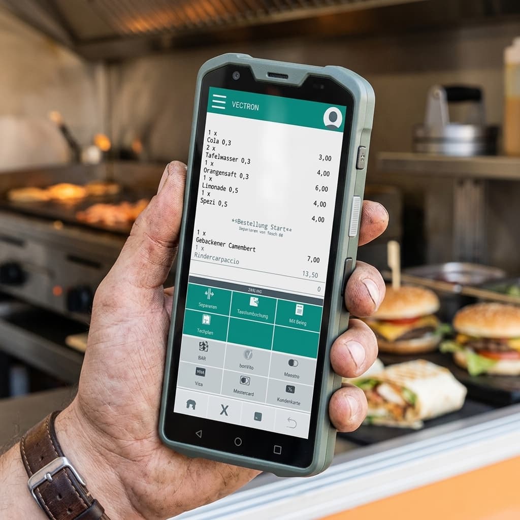 Mobiles All-in-one-Kassensystem Vectron POS M4 Pay in der Hand eines Foodtruck-Verkäufers