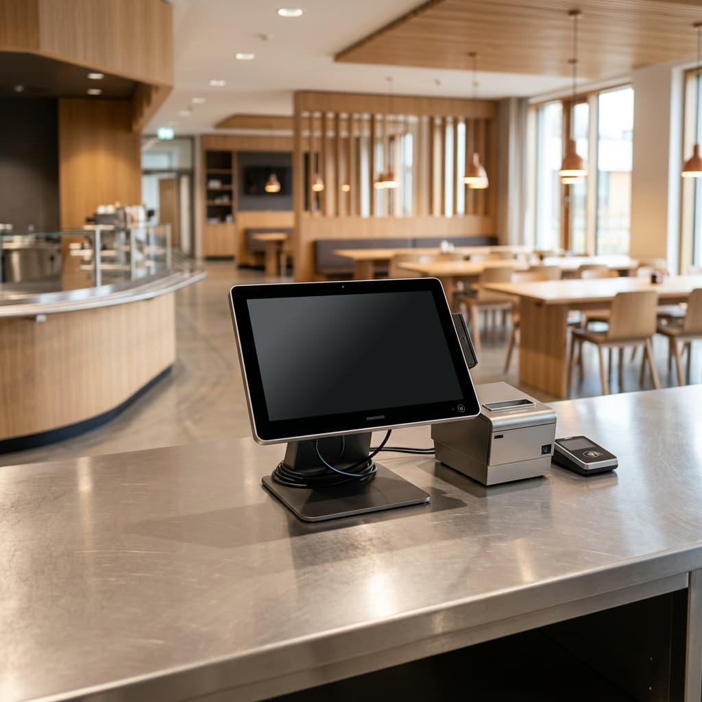 Sleek Vectron POS Touchscreen-Kassensystem in einer Kantinen-Ausgabelinie