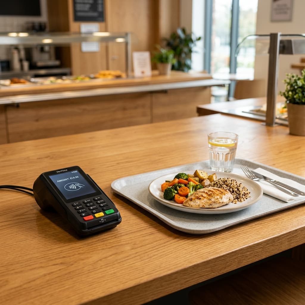 Kartenzahlungsterminal neben einem Tablett mit Essen