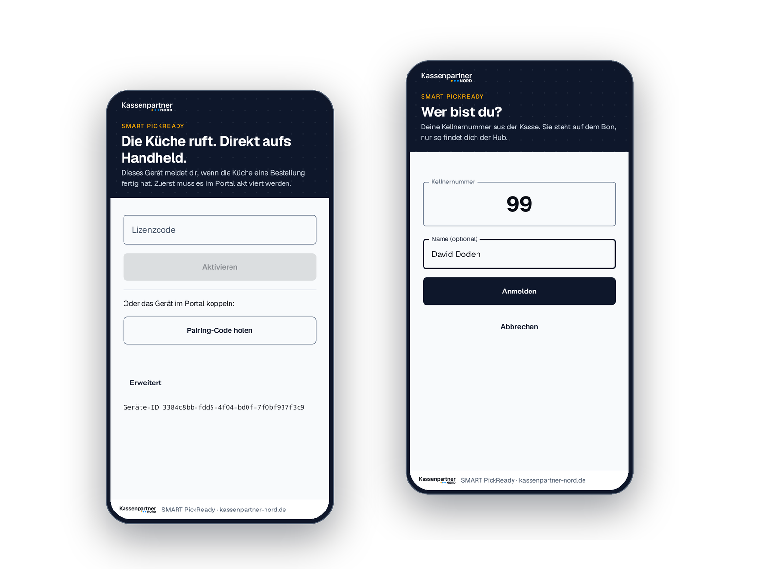Aktivierung der App mit Lizenzcode und Anmeldung mit der Kellnernummer