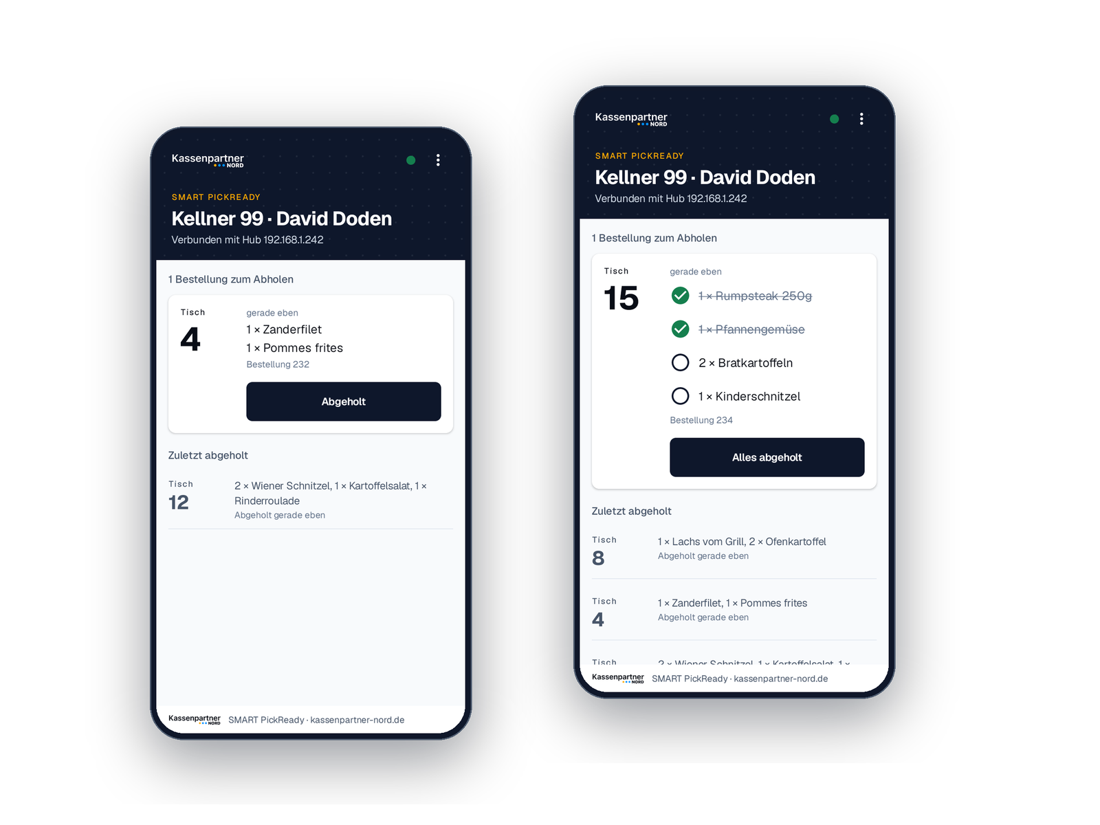 Die App auf zwei Handhelds: links ein offener Bon für Tisch 4, rechts Tisch 15 mit einzeln abhakbaren Positionen