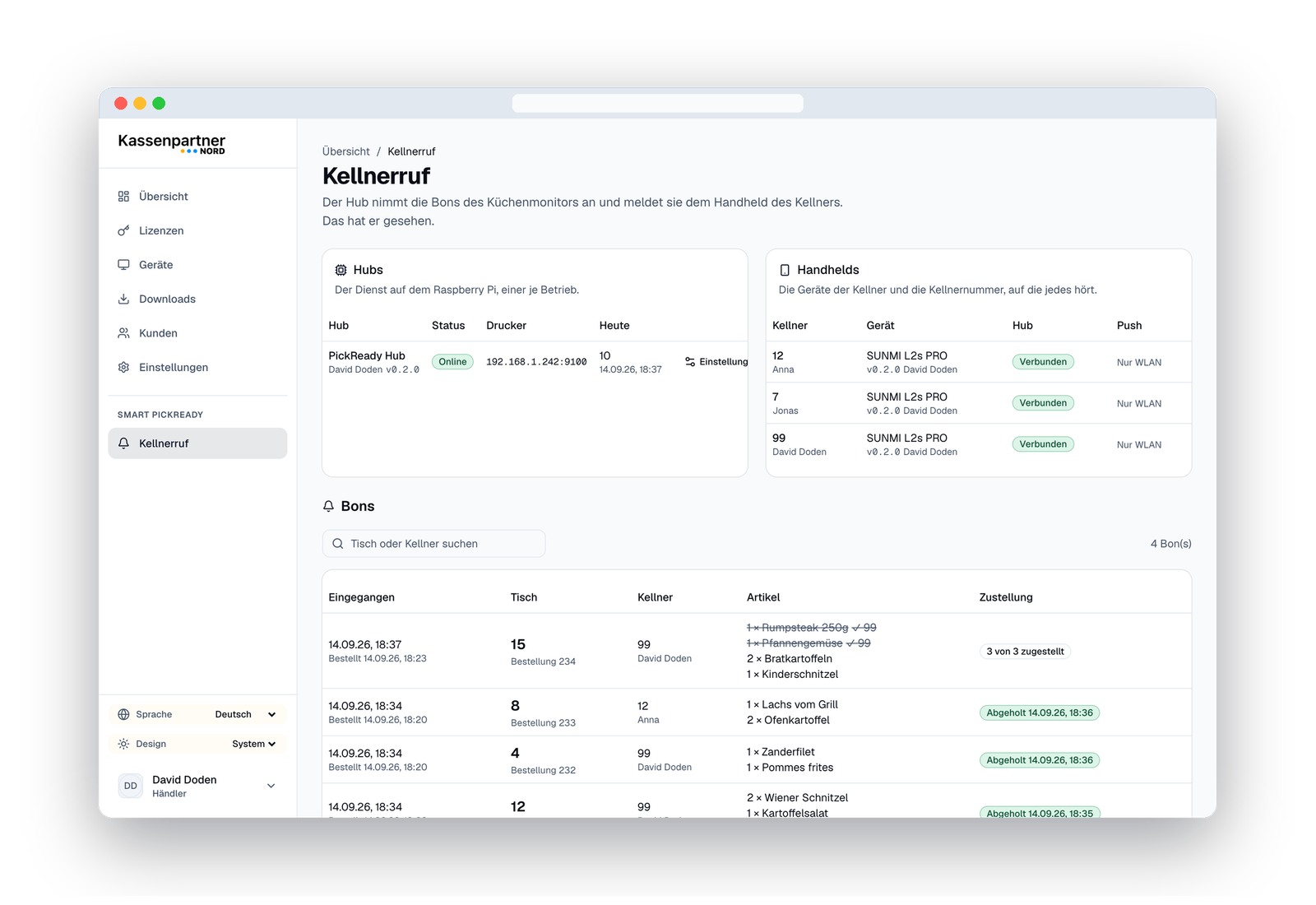Das SMART Portal mit Hub, drei angemeldeten Handhelds und der Bon-Liste mit Abholzeiten