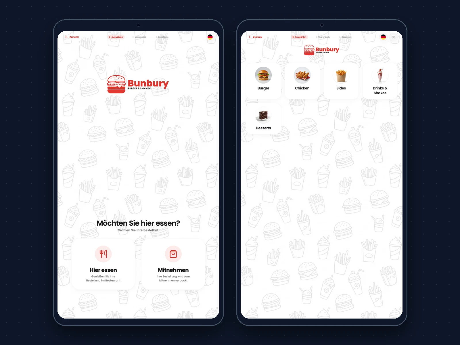 Zwei Bunbury-Kioske: die Frage Hier essen oder Mitnehmen und die Übersicht der Kategorien Burger, Chicken, Sides, Drinks und Desserts