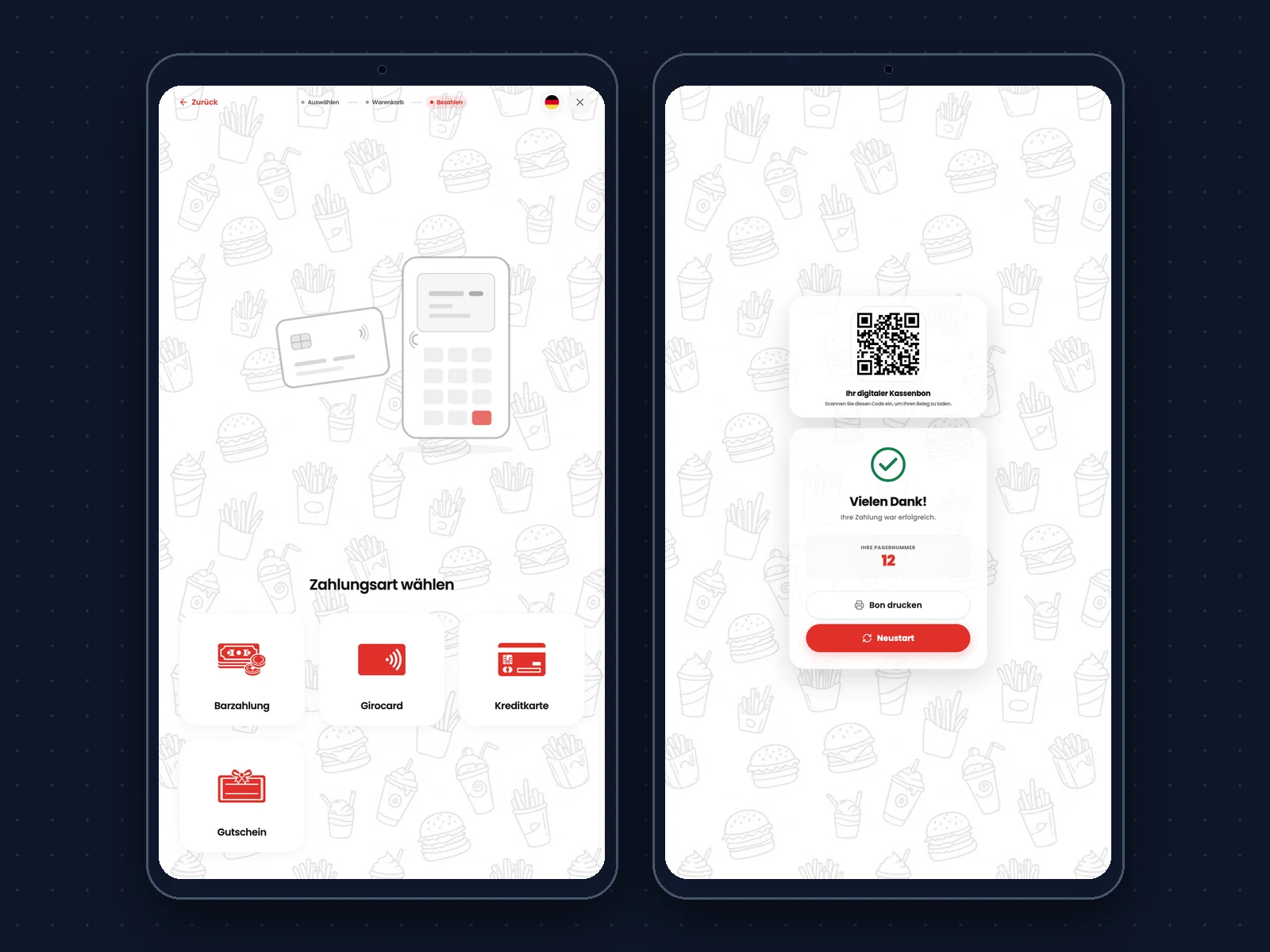 Zwei Bunbury-Kioske: die Zahlungsart wählen mit Barzahlung, Girocard, Kreditkarte und Gutschein, und Vielen Dank mit digitalem Kassenbon als QR-Code und Pagernummer 12