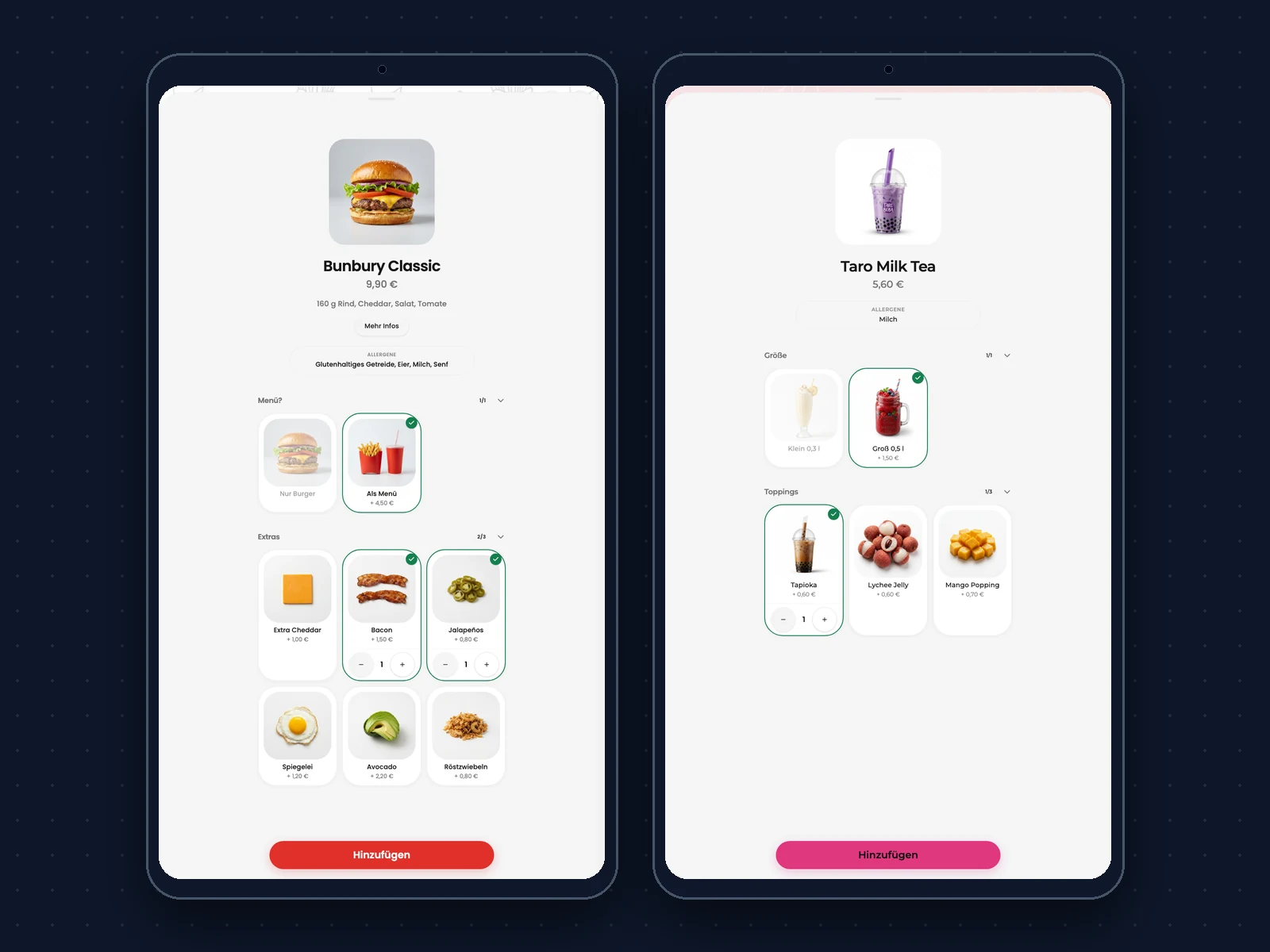 Zwei Produktseiten: Bunbury Classic mit Menü-Upgrade und Extras als Kacheln, Taro Milk Tea mit Größe und Toppings als Kacheln